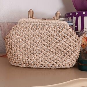Vintage Woven Raffia Plastic Beaded Purse Bag